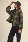 Plaid Quilted Jacket with Contrast Corduroy Detail