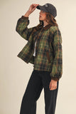 Plaid Quilted Jacket with Contrast Corduroy Detail