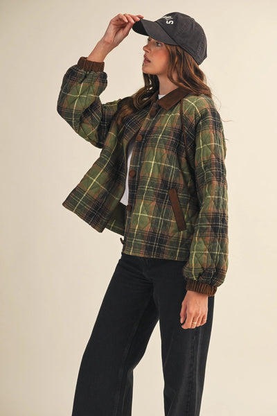 Plaid Quilted Jacket with Contrast Corduroy Detail