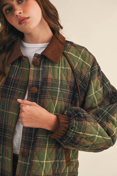 Plaid Quilted Jacket with Contrast Corduroy Detail
