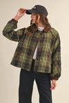 Plaid Quilted Jacket with Contrast Corduroy Detail