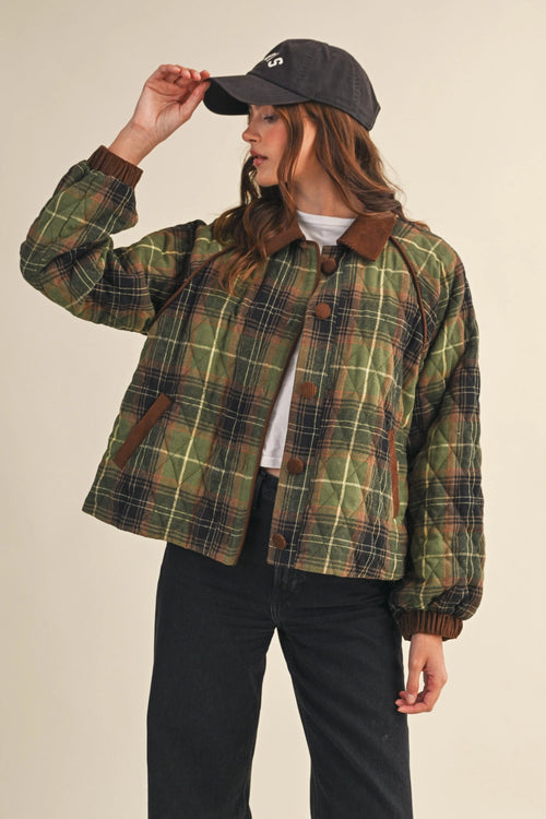 Plaid Quilted Jacket with Contrast Corduroy Detail