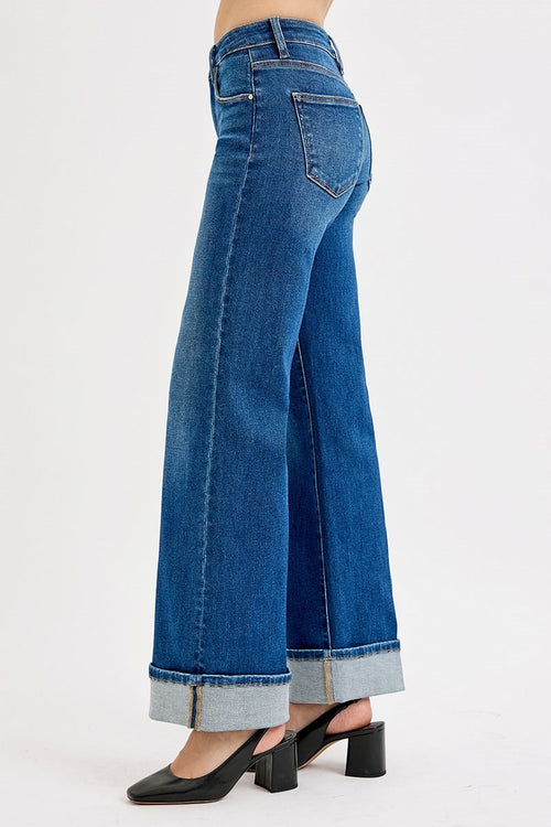 TUMMY CONTROL MID RISE WIDE CUFFED JEANS