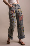 PATCHWORK EMBROIDERED WIDE LEG DENIM PANTS