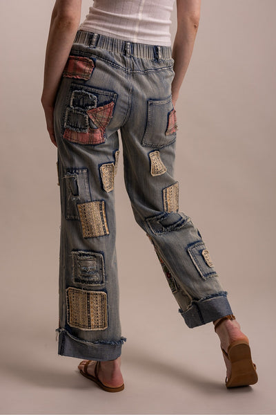 PATCHWORK EMBROIDERED WIDE LEG DENIM PANTS