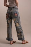 PATCHWORK EMBROIDERED WIDE LEG DENIM PANTS
