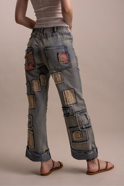 PATCHWORK EMBROIDERED WIDE LEG DENIM PANTS