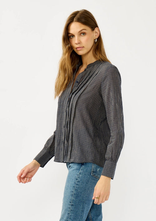 Checkered Pleat Button Front Blouse