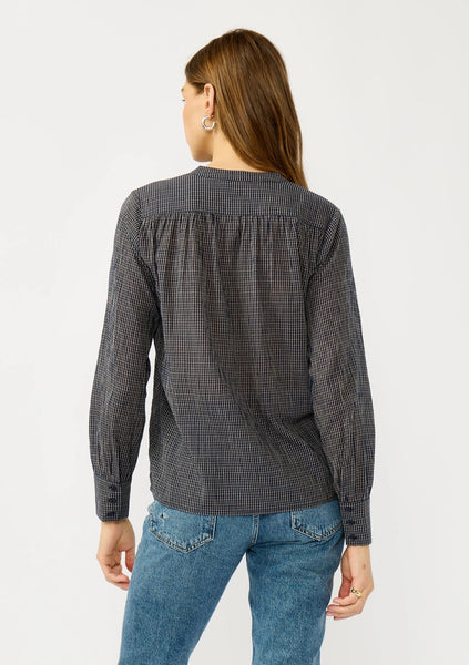 Checkered Pleat Button Front Blouse