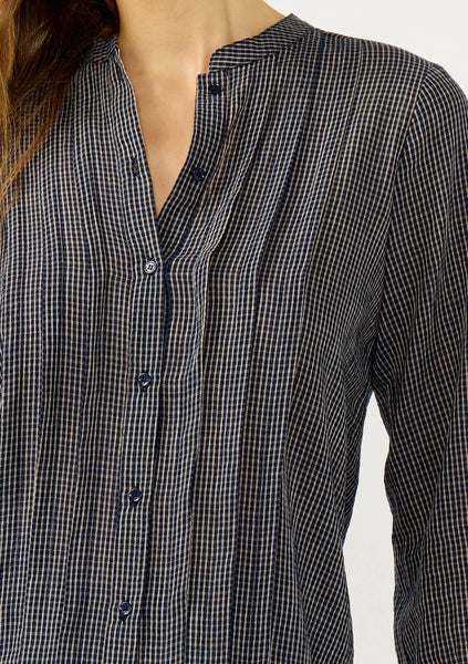 Checkered Pleat Button Front Blouse