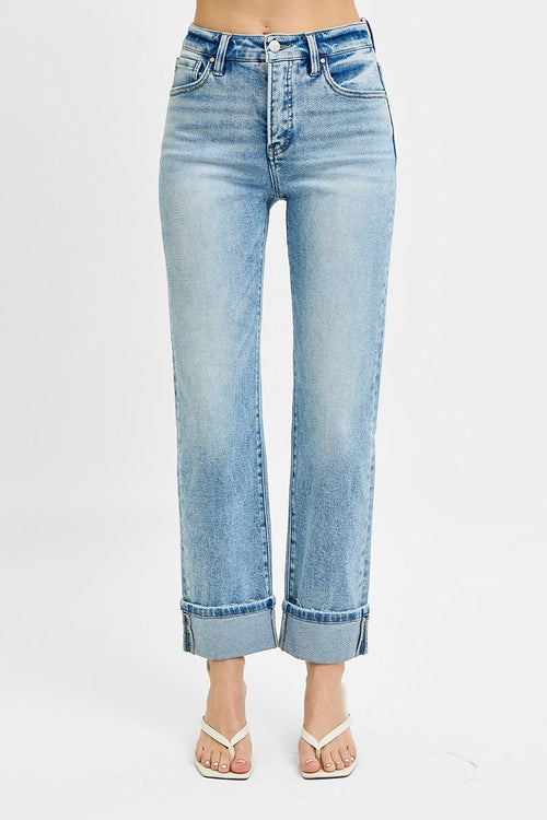 TUMMY CONTROL HIGH RISE CROP STRAIGHT ROLL UP JEANS