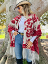 Red Western Boho 3D Textured Paisley Fringe Ruana Wrap