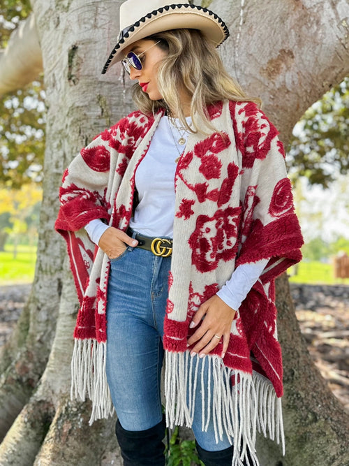 Red Western Boho 3D Textured Paisley Fringe Ruana Wrap