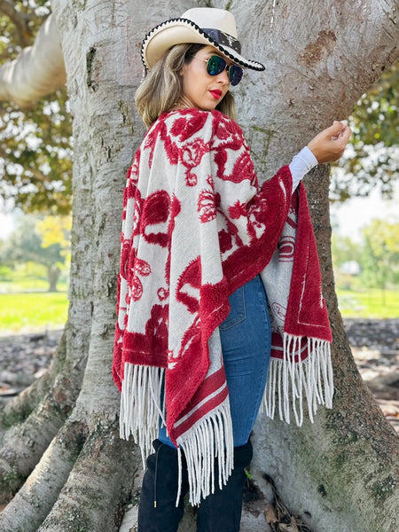 Red Western Boho 3D Textured Paisley Fringe Ruana Wrap