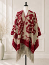 Red Western Boho 3D Textured Paisley Fringe Ruana Wrap