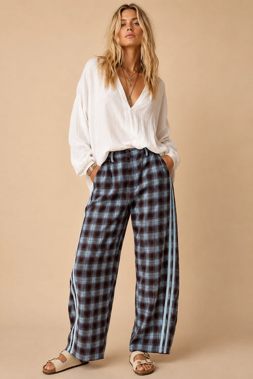 Plaid Side-Stripe Wide-Leg Trousers