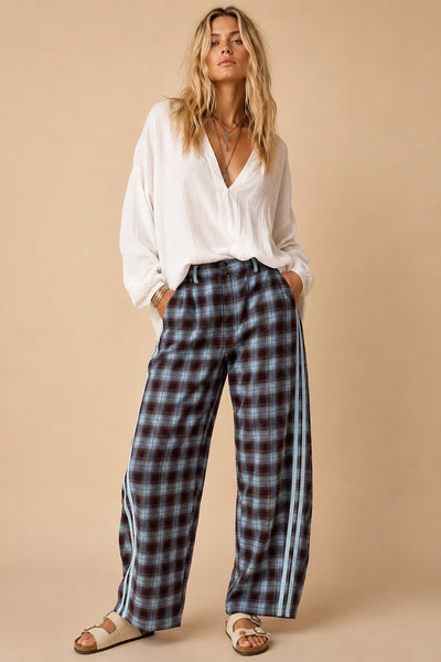 Plaid Side-Stripe Wide-Leg Trousers