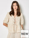 3D Embroidered Peplum Linen Top - Cream