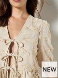 3D Embroidered Peplum Linen Top - Cream