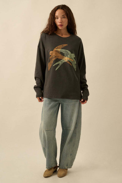Flying Birds Waffle-Knit Vintage-Wash Sweatshirt
