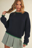 Long Puff Sleeve Sweater with Contrast Stitch