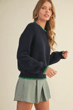 Long Puff Sleeve Sweater with Contrast Stitch