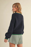 Long Puff Sleeve Sweater with Contrast Stitch