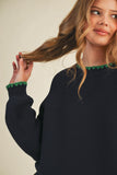 Long Puff Sleeve Sweater with Contrast Stitch