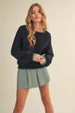 Long Puff Sleeve Sweater with Contrast Stitch