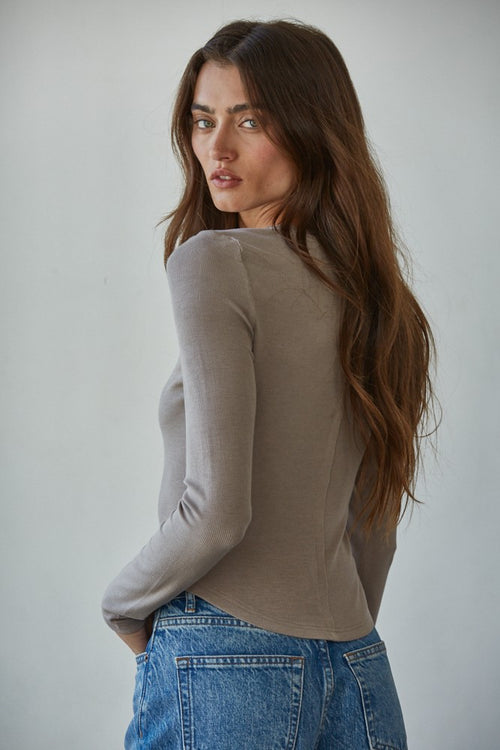 Knit Ribbed Crew Neck Long Sleeve Half Button Up Top