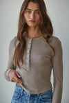 Knit Ribbed Crew Neck Long Sleeve Half Button Up Top