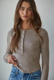 Knit Ribbed Crew Neck Long Sleeve Half Button Up Top