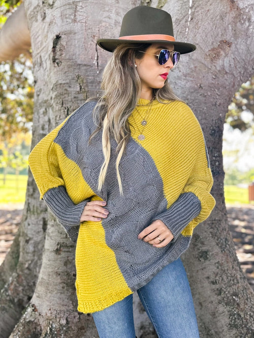Mustard Taupe Grey Cable Knit Dolman Sleeve Pullover Sweater