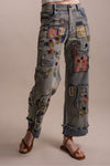 PATCHWORK EMBROIDERED WIDE LEG DENIM PANTS