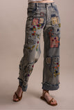 PATCHWORK EMBROIDERED WIDE LEG DENIM PANTS