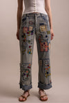 PATCHWORK EMBROIDERED WIDE LEG DENIM PANTS