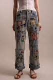 PATCHWORK EMBROIDERED WIDE LEG DENIM PANTS
