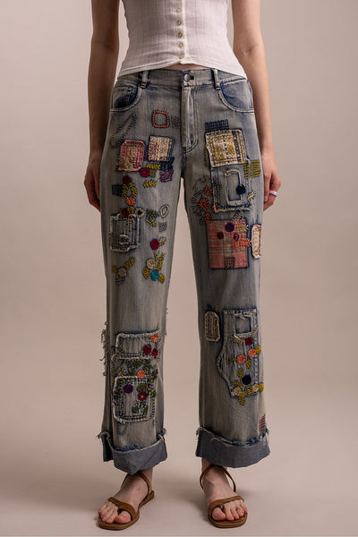 PATCHWORK EMBROIDERED WIDE LEG DENIM PANTS