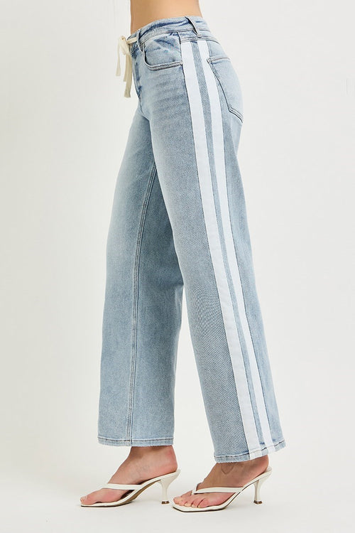 SLOUCHY BAGGY JEANS WITH WAISTBAND DRAWSTRING AND SIDE CONTRAST