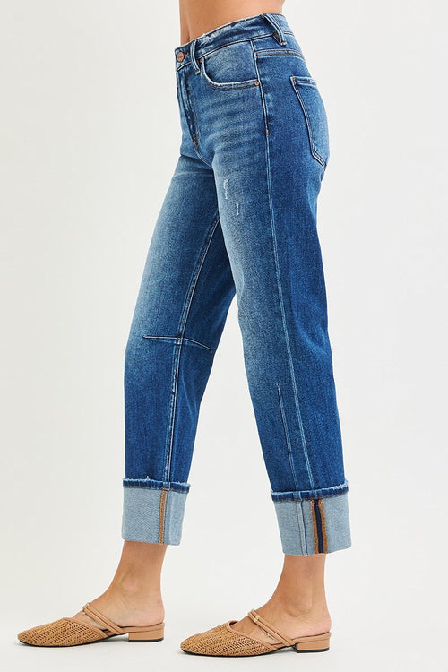 STRAIGHT CUFFED JEANS WITH DISTRESSED HEM