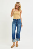 STRAIGHT CUFFED JEANS WITH DISTRESSED HEM