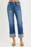 STRAIGHT CUFFED JEANS WITH DISTRESSED HEM