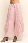 STRIPED DRAWSTRING WIDE LEG BARREL PANTS