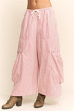 STRIPED DRAWSTRING WIDE LEG BARREL PANTS