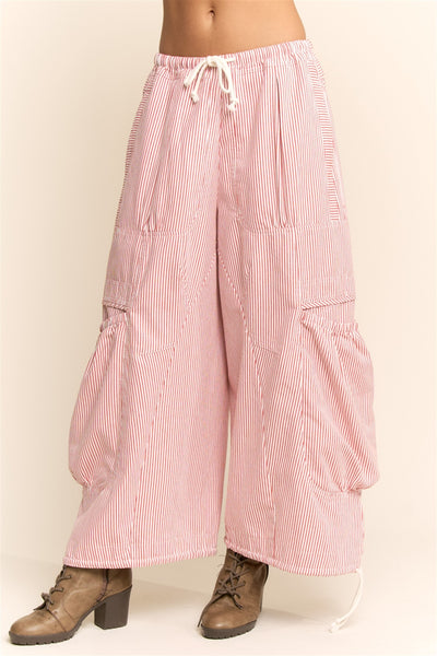 STRIPED DRAWSTRING WIDE LEG BARREL PANTS