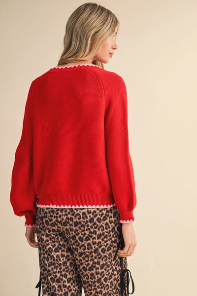 Long Puff Sleeve Sweater with Contrast Stitch