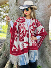 Red Western Boho 3D Textured Paisley Fringe Ruana Wrap