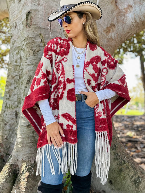 Red Western Boho 3D Textured Paisley Fringe Ruana Wrap