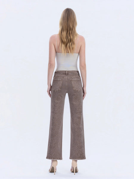 High Rise Rhinestone Embellished Slim Wide Jeans