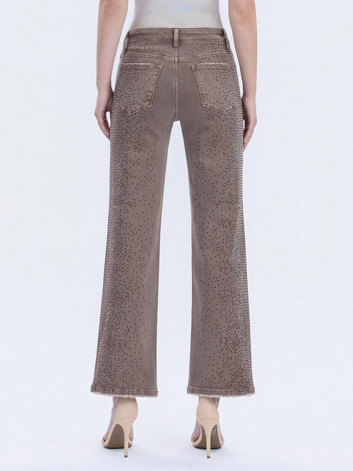 High Rise Rhinestone Embellished Slim Wide Jeans